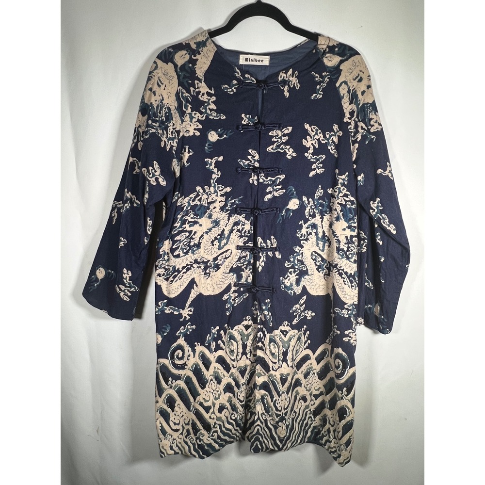Minibee Navy Blue Dragon Print Linen Cotton Frog Button Tunic Top Womens